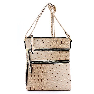 MULTI ZIPPER OSTRICH EMBOSSED CROSS BODY