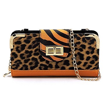 Turn Lock Leopard Zebra Colorblock Crossbody Wallet