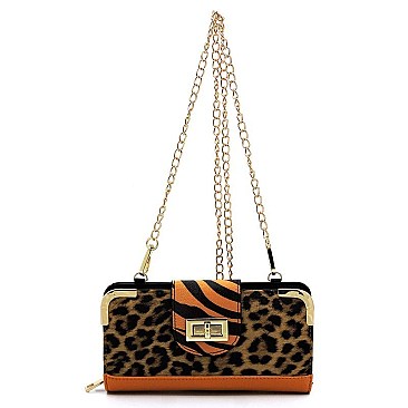 Turn Lock Leopard Zebra Colorblock Crossbody Wallet