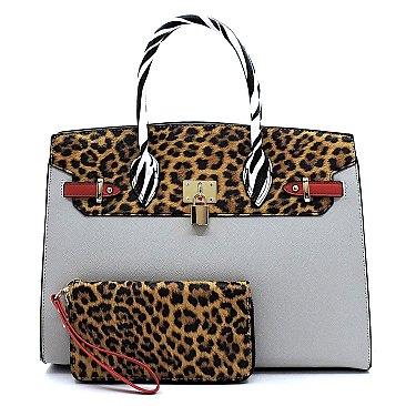 2-in-1 Leopard Zebra Colorblock Padlock Satchel