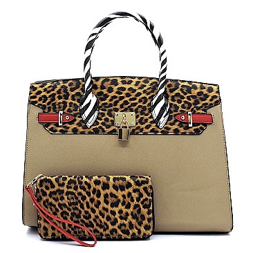 2-in-1 Leopard Zebra Colorblock Padlock Satchel