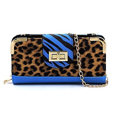 Turn Lock Leopard Zebra Colorblock Crossbody Wallet