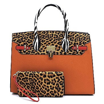 2-in-1 Leopard Zebra Colorblock Padlock Satchel