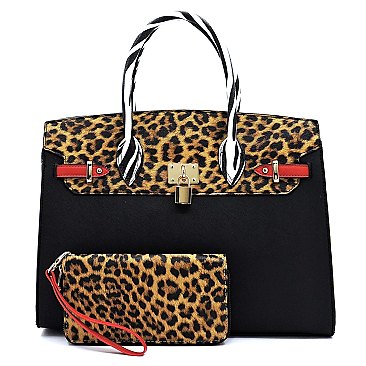 2-in-1 Leopard Zebra Colorblock Padlock Satchel