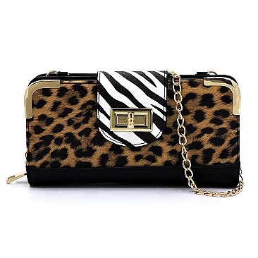 Turn Lock Leopard Zebra Colorblock Crossbody Wallet