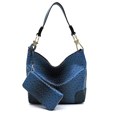 Side Ring Large Hooked Single Strap Ostrich Print Embossed Hobo SET