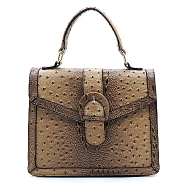 Buckle Flap Ostrich Croc Print Satchel