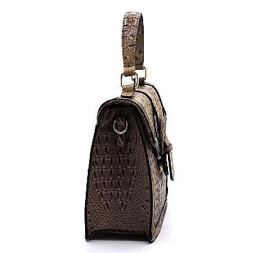 Buckle Flap Ostrich Croc Print Satchel