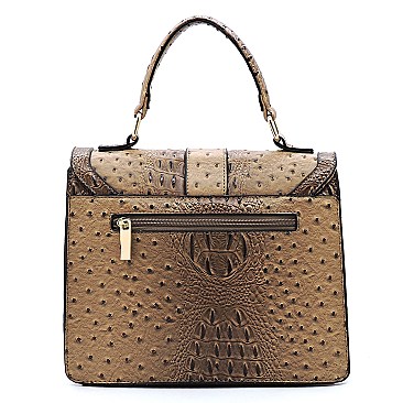 Buckle Flap Ostrich Croc Print Satchel