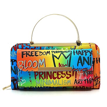 Pack of 6 Top Handle Multi Graffiti Print Round Crossbody Bag Clutch Wallet