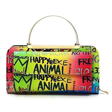 Pack of 6 Top Handle Multi Graffiti Print Round Crossbody Bag Clutch Wallet