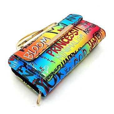 Pack of 6 Top Handle Multi Graffiti Print Round Crossbody Bag Clutch Wallet
