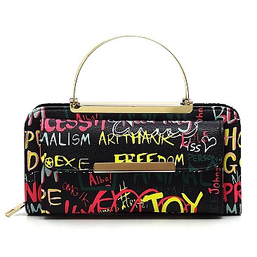 Pack of 6 Top Handle Multi Graffiti Print Round Crossbody Bag Clutch Wallet