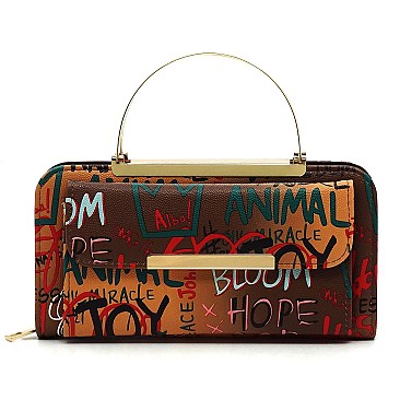Pack of 6 Top Handle Multi Graffiti Print Round Crossbody Bag Clutch Wallet