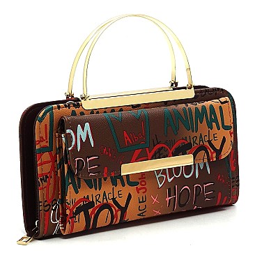 Pack of 6 Top Handle Multi Graffiti Print Round Crossbody Bag Clutch Wallet
