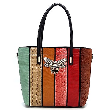 Stylish Multicolor Queen Bee Croc Python Stripe Patchwork Shopper