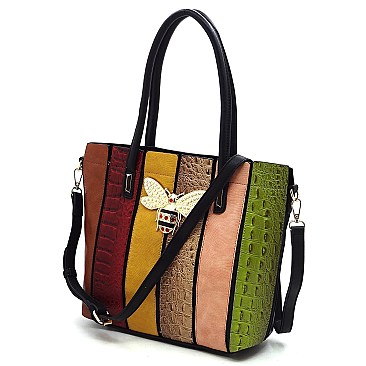 Stylish Multicolor Queen Bee Croc Python Stripe Patchwork Shopper
