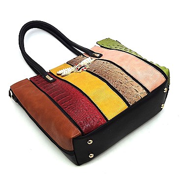 Stylish Multicolor Queen Bee Croc Python Stripe Patchwork Shopper