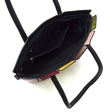 Stylish Multicolor Queen Bee Croc Python Stripe Patchwork Shopper