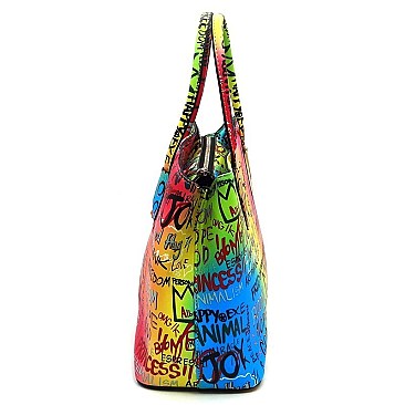 3-in-1 Stylish Multi Graffiti Queen Bee Stripe Top Handle Satchel