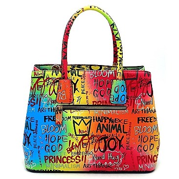 3-in-1 Stylish Multi Graffiti Queen Bee Stripe Top Handle Satchel