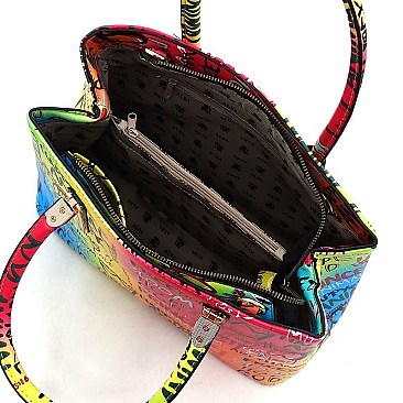 3-in-1 Stylish Multi Graffiti Queen Bee Stripe Top Handle Satchel