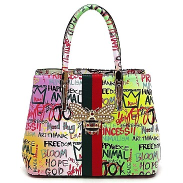 3-in-1 Stylish Multi Graffiti Queen Bee Stripe Top Handle Satchel