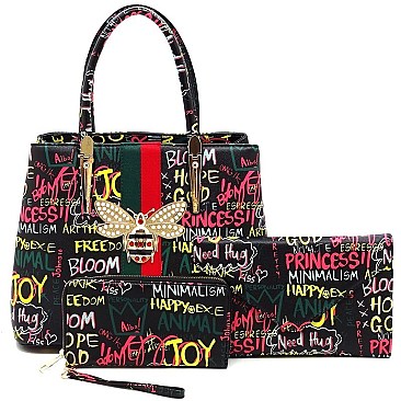 3-in-1 Stylish Multi Graffiti Queen Bee Stripe Top Handle Satchel