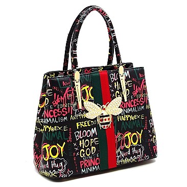 3-in-1 Stylish Multi Graffiti Queen Bee Stripe Top Handle Satchel
