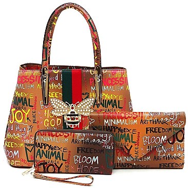 3-in-1 Stylish Multi Graffiti Queen Bee Stripe Top Handle Satchel