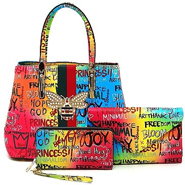 3-in-1 Stylish Multi Graffiti Queen Bee Stripe Top Handle Satchel
