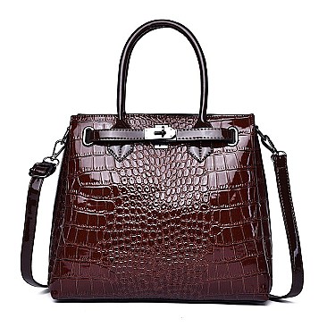 PATENT CROCODILE CLASSIC PADLOCK SATCHEL