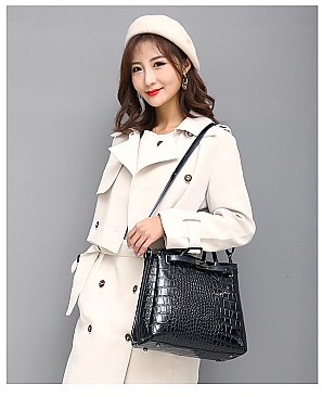 PATENT CROCODILE CLASSIC PADLOCK SATCHEL