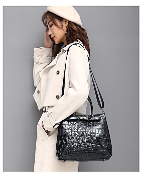 PATENT CROCODILE CLASSIC PADLOCK SATCHEL