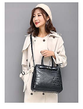 PATENT CROCODILE CLASSIC PADLOCK SATCHEL