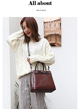 PATENT CROCODILE CLASSIC PADLOCK SATCHEL