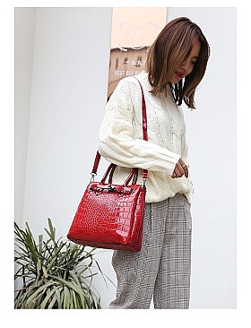 PATENT CROCODILE CLASSIC PADLOCK SATCHEL