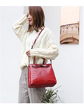 PATENT CROCODILE CLASSIC PADLOCK SATCHEL