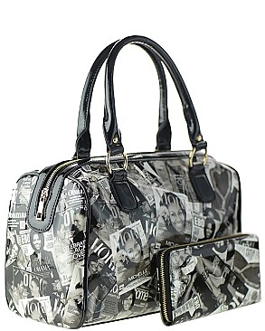 Michelle Obama Magazine Cover Collage 2-in-1 Dome Satchel Handbag & Wallet Set JP24054