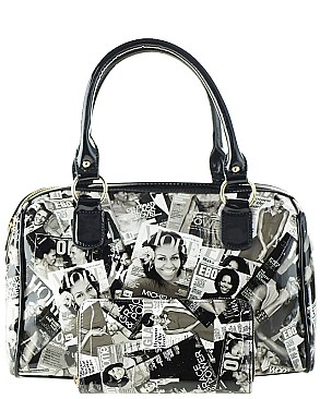 Michelle Obama Magazine Cover Collage 2-in-1 Dome Satchel Handbag & Wallet Set JP24054