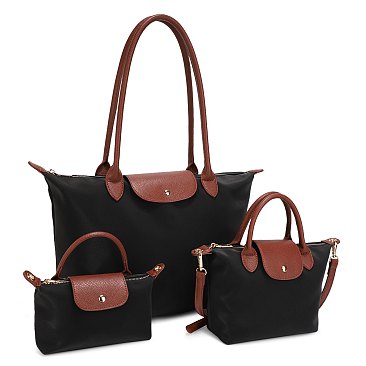 3-in-1 Nylon Fashion Tote / Satchel Sets BLACK