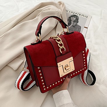 Stylish Twist Lock Chain Accent Studded Satchel