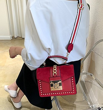 Stylish Twist Lock Chain Accent Studded Satchel