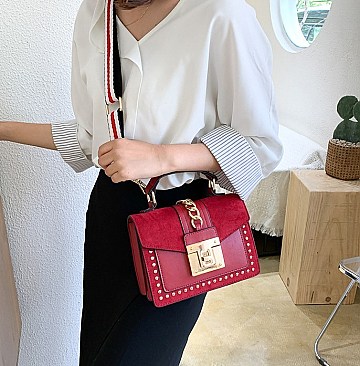 Stylish Twist Lock Chain Accent Studded Satchel