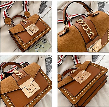 Stylish Twist Lock Chain Accent Studded Satchel