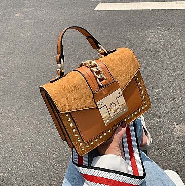Stylish Twist Lock Chain Accent Studded Satchel