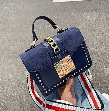Stylish Twist Lock Chain Accent Studded Satchel