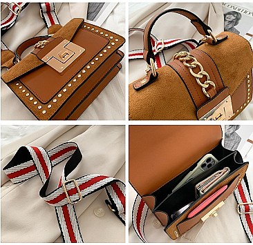 Stylish Twist Lock Chain Accent Studded Satchel