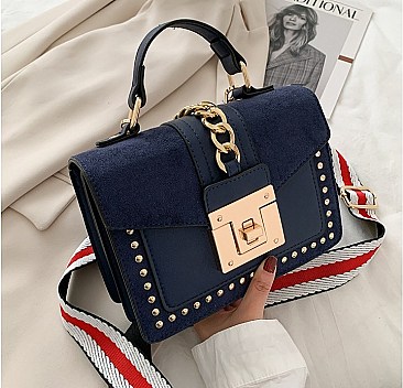 Stylish Twist Lock Chain Accent Studded Satchel