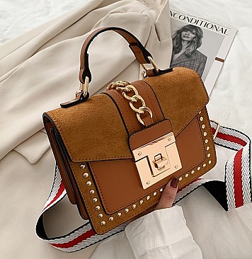 Stylish Twist Lock Chain Accent Studded Satchel